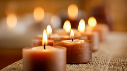 Warm glowing candles arranged on a textured surface creating a cozy and peaceful ambiance with soft focus flickering flames in the background