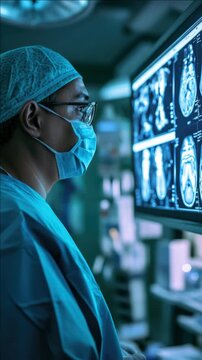 An expert in white lab coat and surgical mask scrutinizing medical on a monitor screen