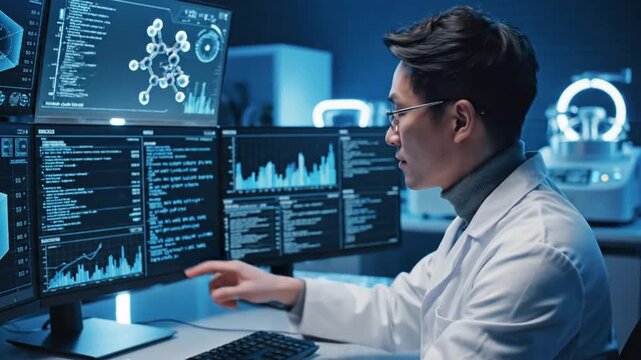 scientist analyzing molecular structure on multiple monitors.