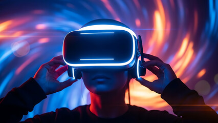 Person wearing virtual reality headset with colorful background