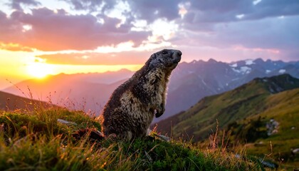 Majestic Marmot Standing Tall at Sunrise in the Alps.