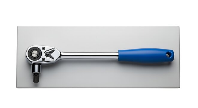 Close-up view of a blue-handled metal ratchet wrench on a neutral gray surface, highlighting tool design for catalog illustration