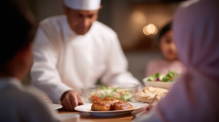 A professional chef serving iftar meal to a European Muslim family during Ramadan, cultural unity and hospitality moment,