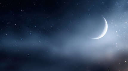 Fototapeta premium Night sky background with glowing crescent moon and scattered stars, peaceful Ramadan mood,