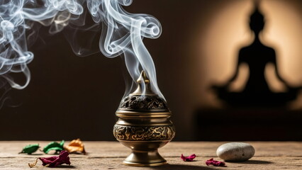 Smoke rises from an ornate incense burner on a wooden table against the backdrop of a yoga lotus pose. This is intended as a meditation and spiritual practice for relaxation and aromatherapy.