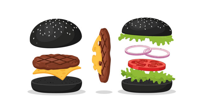 Exploded view of a black bun burger with ingredients