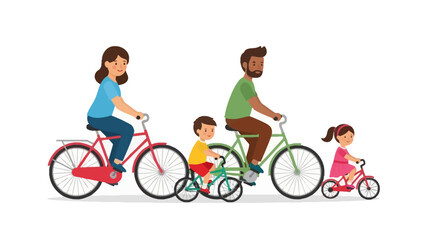 Family riding bicycles in a line against a white background