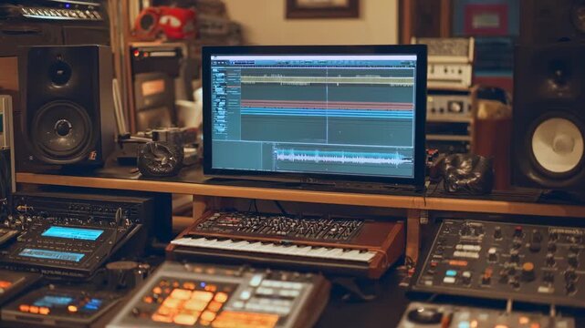 Professional workspace featuring digital samplers recording the distinct crackle and crunch of assorted grains in a creative music production process