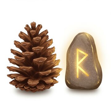 Realistic Pinecone and Glowing Rune Stone in Gold and Brown Illustration