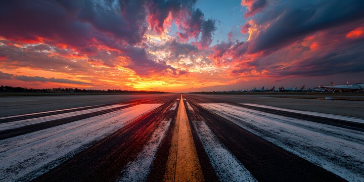 Symmetrical view of an airport runway or empty highway stretching into the horizon at sunset under a dramatic orange and blue sky view.