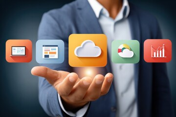 Business professional presenting cloud computing icons with digital analytics and web design visuals.