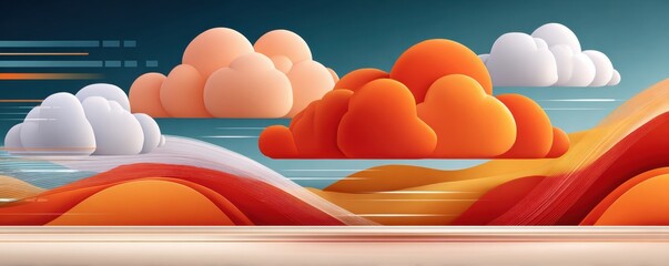 Abstract orange cloudscape with flowing ribbons and circuit patterns over stylized hills and sky