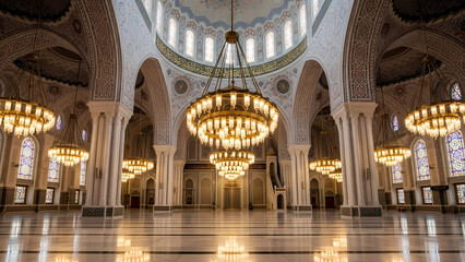 Obraz premium Grand interior view showcasing the majestic prayer hall of a magnificent mosque illuminated by large ornate golden chandeliers and detailed plasterwork.