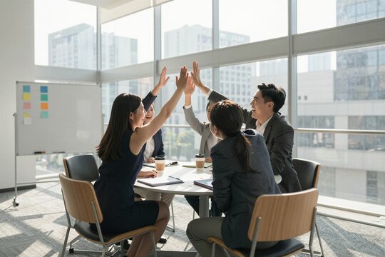 Business team high five in office