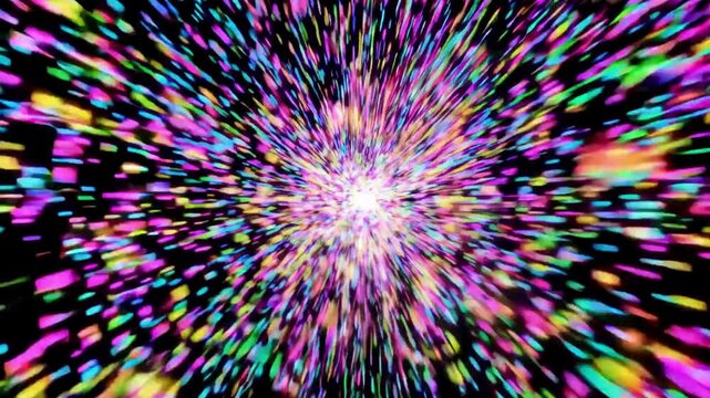 Fast motion flight through a colorful particle field resembling hyperdrive or an explosion of light.