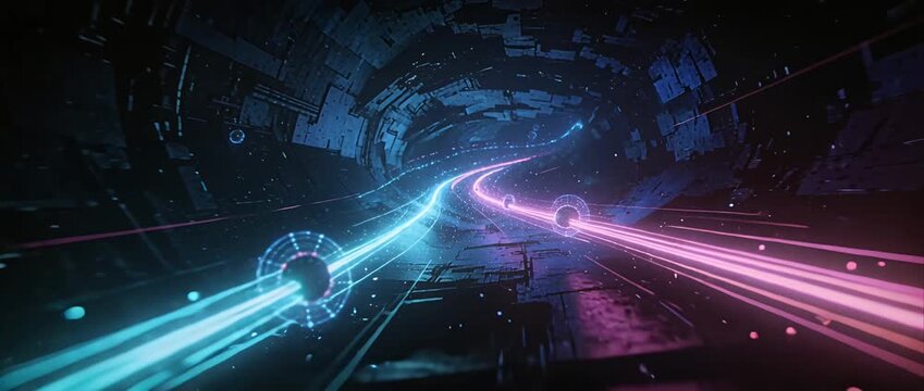 Futuristic tunnel technology with glowing sci fi light trail and abstract science fiction energy sphere background neon tunnel light trail technology sci fi science fiction futuristic corridor path