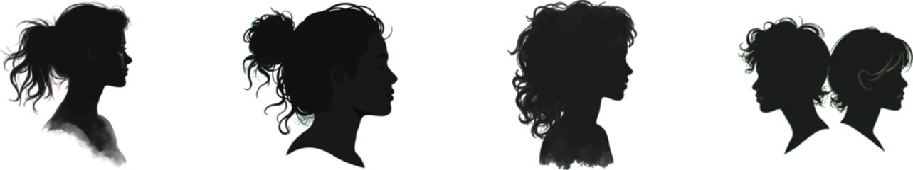 Watercolor set black silhouettes of women with  hairstyle facing right. Isolated on white background
