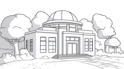 Simple drawing of a building with trees in a park. Ideal for educational use or a graphic design project.