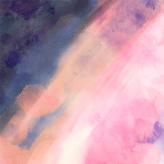 Soft abstract watercolor composition blending pink, peach, and deep blue tones, creating a calm artistic background with gentle motion and texture. vector
