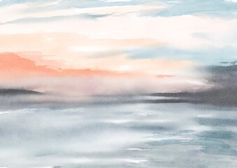 Abstract watercolor misty pastel landscape background
