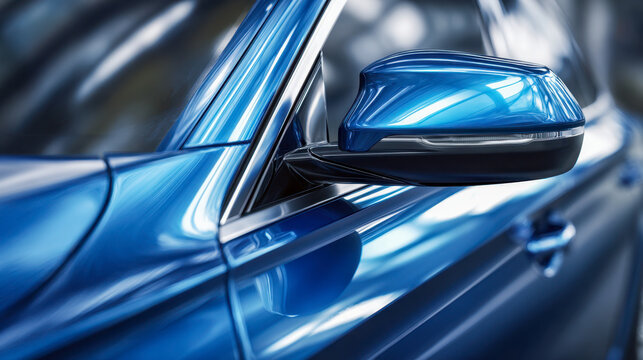 Sleek blue exterior of a luxury vehicle focusing on the aerodynamic side mirror and glossy paint reflecting ambient light with a modern design aesthetic