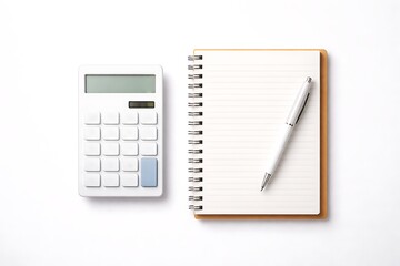 Calculator, Notebook, and Pen on White Background with Copy Space