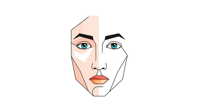Geometrical face illustration half colored half outlined