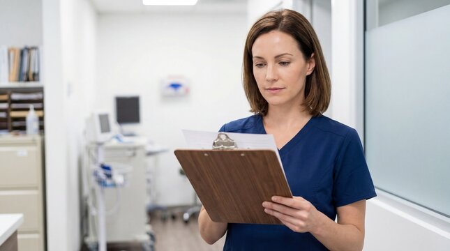 Adult woman focused holding medical chart in clinic interior