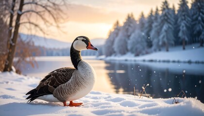 Canadian Goose Standing in Snowy Winter Landscape by River.