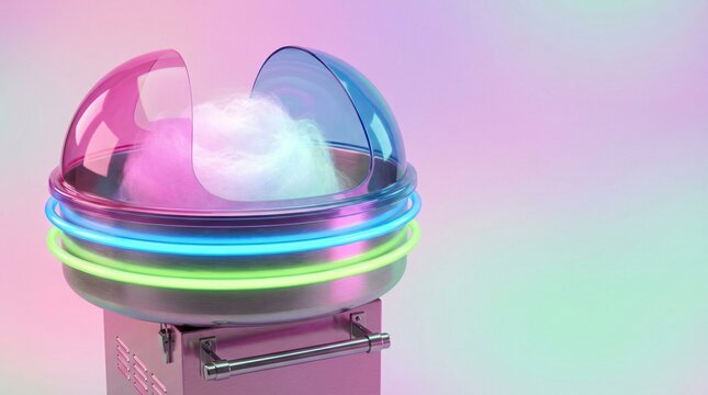 Neon cotton candy machine with vibrant colors and playful glow. - Powered by Adobe