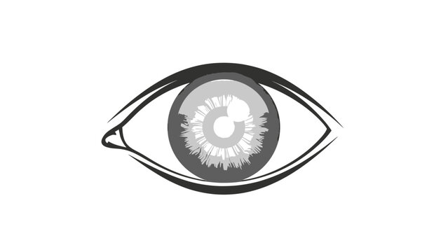 Black and white stylized illustration of a human eye with detailed iris and pupil.