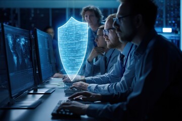 multiracial developers designing defense interface with shield hologram and coderich displays, collaborative UX session, rapid prototyping of security features and threat visualization