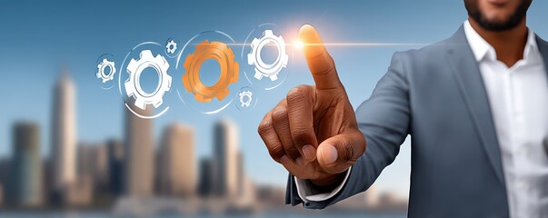 Businessman touches a digital hologram of gears over a modern city skyline, symbolizing innovation