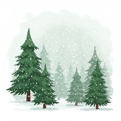 Fototapeta premium Snowy Pine Trees in a Winter Forest with Falling Snow Illustration