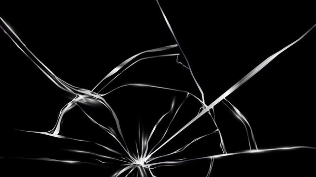 Broken glass effect. Motion graphics with cracking and breaking glass surfaces with detailed crack fractures. Design on dark alpha channel. Realistic graphic animated footage