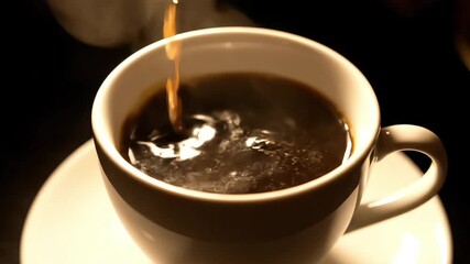 Fresh coffee being poured into a white ceramic cup dark background beverage