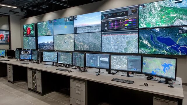 Medium shot of a modern urban dispatch center with multiple screens displaying maps and realtime incident data enhancing city response coordination.