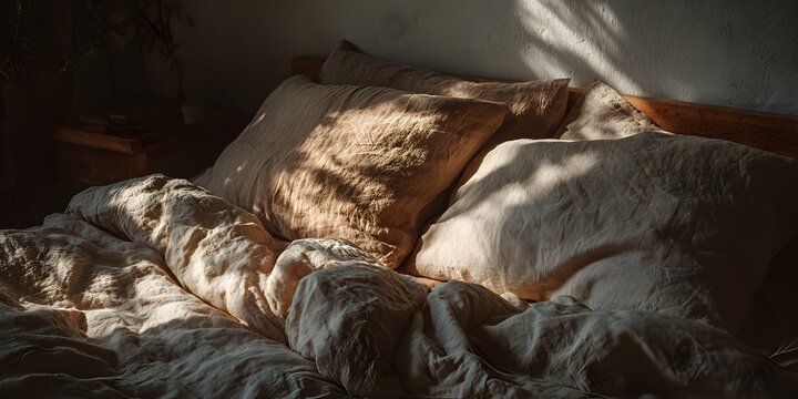 Unmade bed with rumpled beige linen sheets and pillows, soft morning sunlight casting shadows across the texture in a cozy bedroom scene.