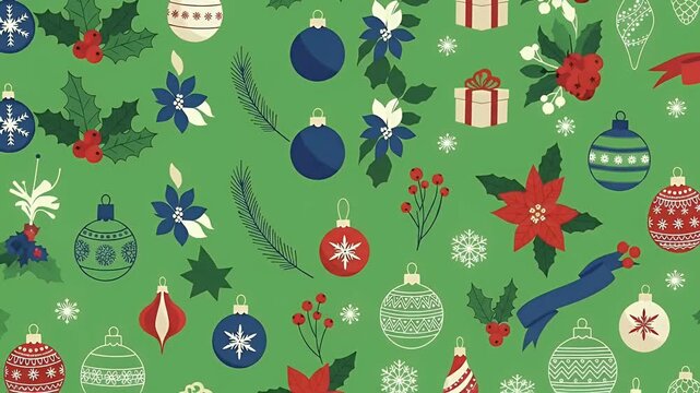 Festive Pixel Art Christmas Ornaments on Green Background Motion Graphic