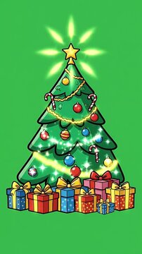 Festive Pixel Art Christmas Tree Sparkling With Lights and Presents
