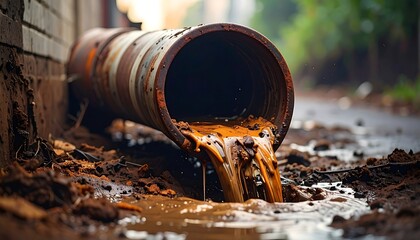 Dirty wastewater flowing from a large industrial pipe into a muddy puddle on the ground.