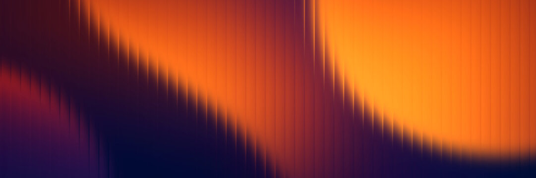Vibrant orange and dark purple abstract background featuring vertical pleated texture with warm glowing light effects and soft curved shapes