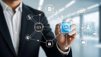 Obraz premium A businessman holding a smartphone displaying AI technology with networking elements in the background