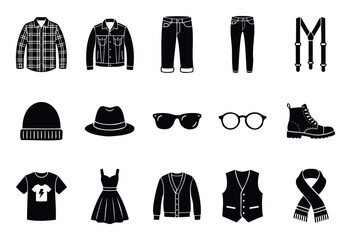 Collection of various modern apparel and accessory symbols including shirts, denim jackets, jeans, and headwear for ecommerce catalogs, style guides, and digital wardrobe applications