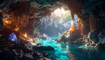 Enchanting Crystal Cave with Bioluminescent River.