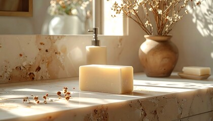 Natural Bar Soap on a Marble Countertop with Dried Flowers.