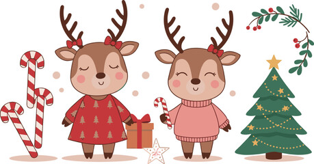 Fototapeta premium Cute Christmas reindeer illustration with festive sweaters candy canes gifts and decorated tree, adorable winter holiday animal characters collection for kids flat vector designs