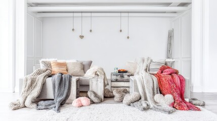 Cozy valentine home setting concept. Cozy living area with textured blankets and soft furnishings.