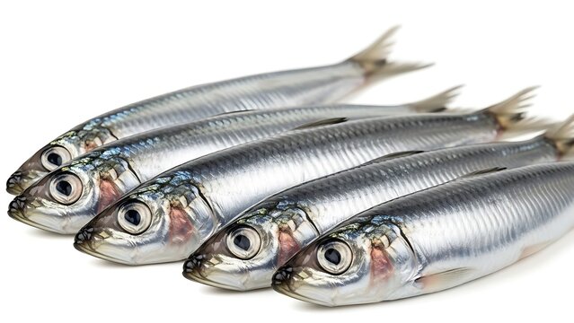 Five Fresh Sardines in a Row on a White Background fish seafood