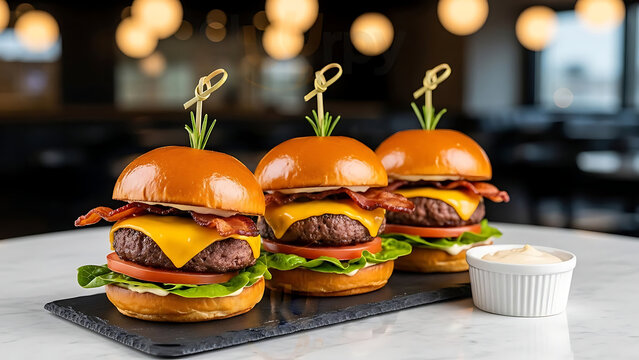 gourmet bacon cheeseburger sliders with melted cheese crispy bacon fresh produce on a dark board in a restaurant for menu design.